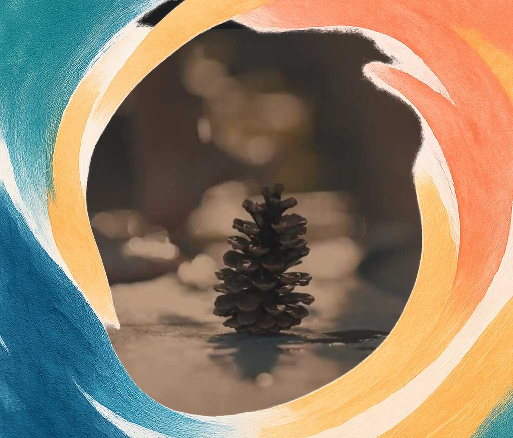 Pinecone in the snow in artsy style