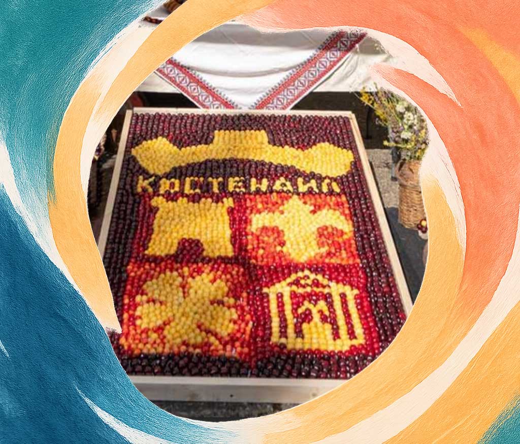 The coat of arms of the twon of Kyusendil, Bulgaria, made by cherries at the Cherry Festival in Kyustendil, Bulgaria