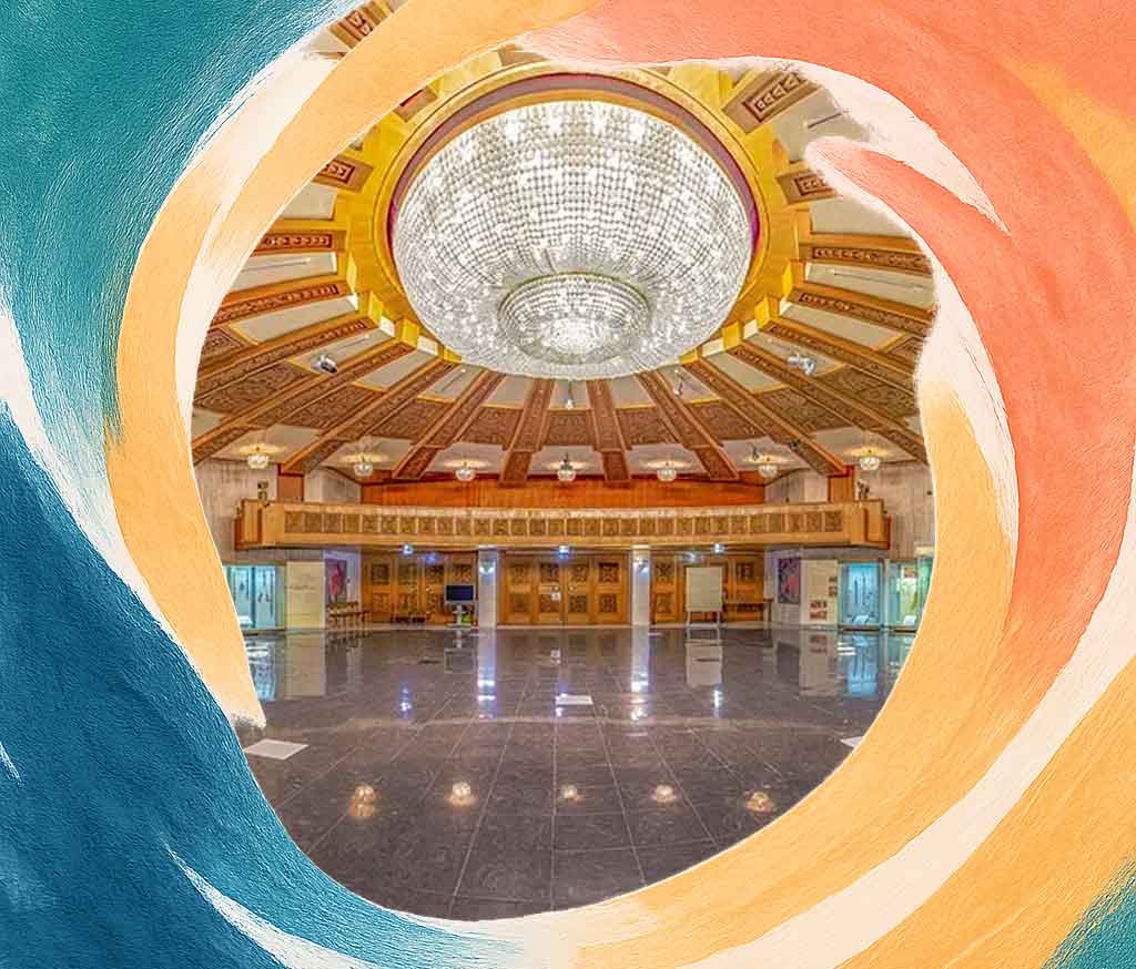 The sunroof in Hall 3 bathes the National History Museum in Sofia, Bulgaria, in golden light, with geometric glass panels evoking retro-futuristic elegance.